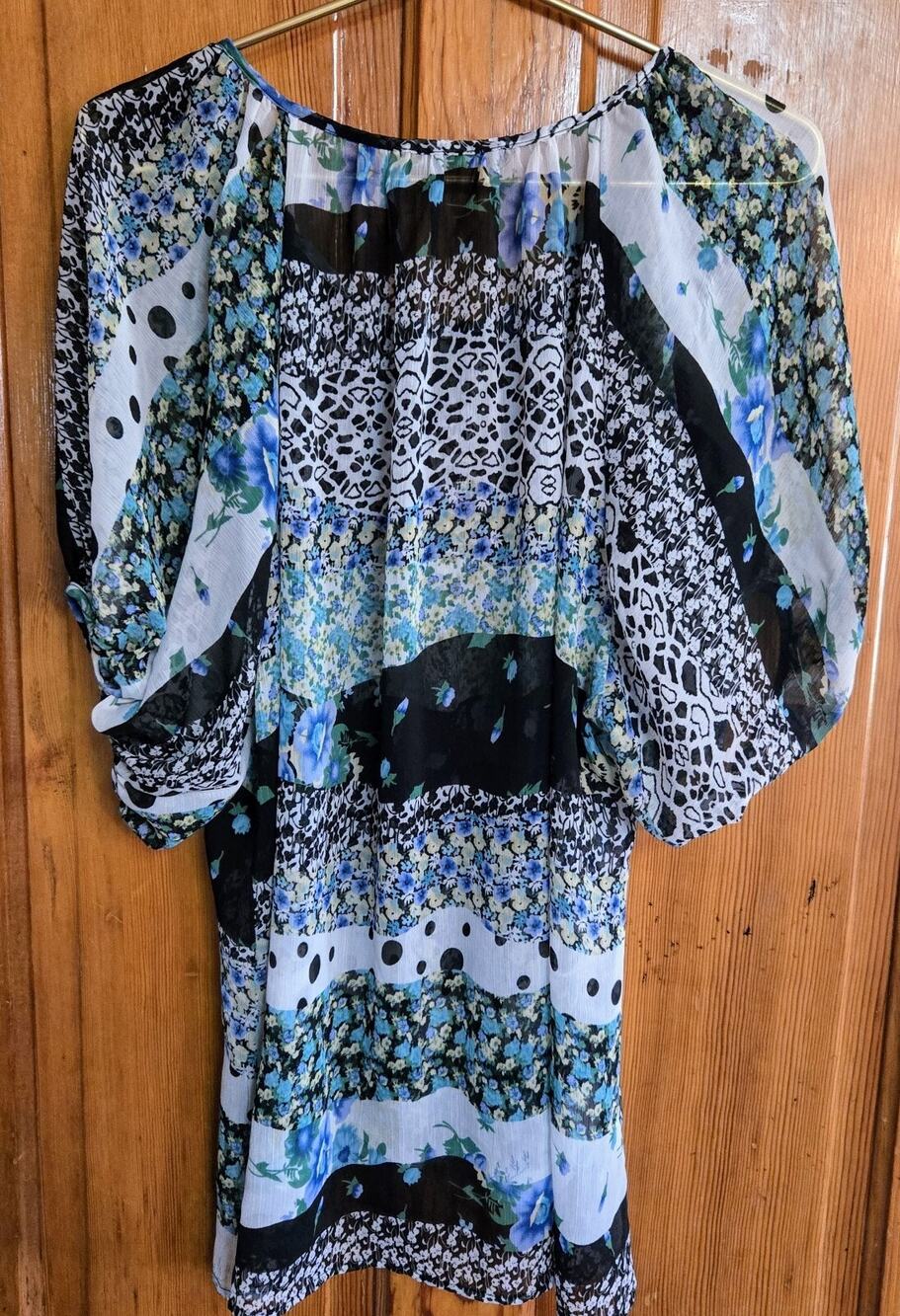 Womens Semi Sheer Blouse Balloon Sleeves Gauzy Floral Print Boho Top Size XL